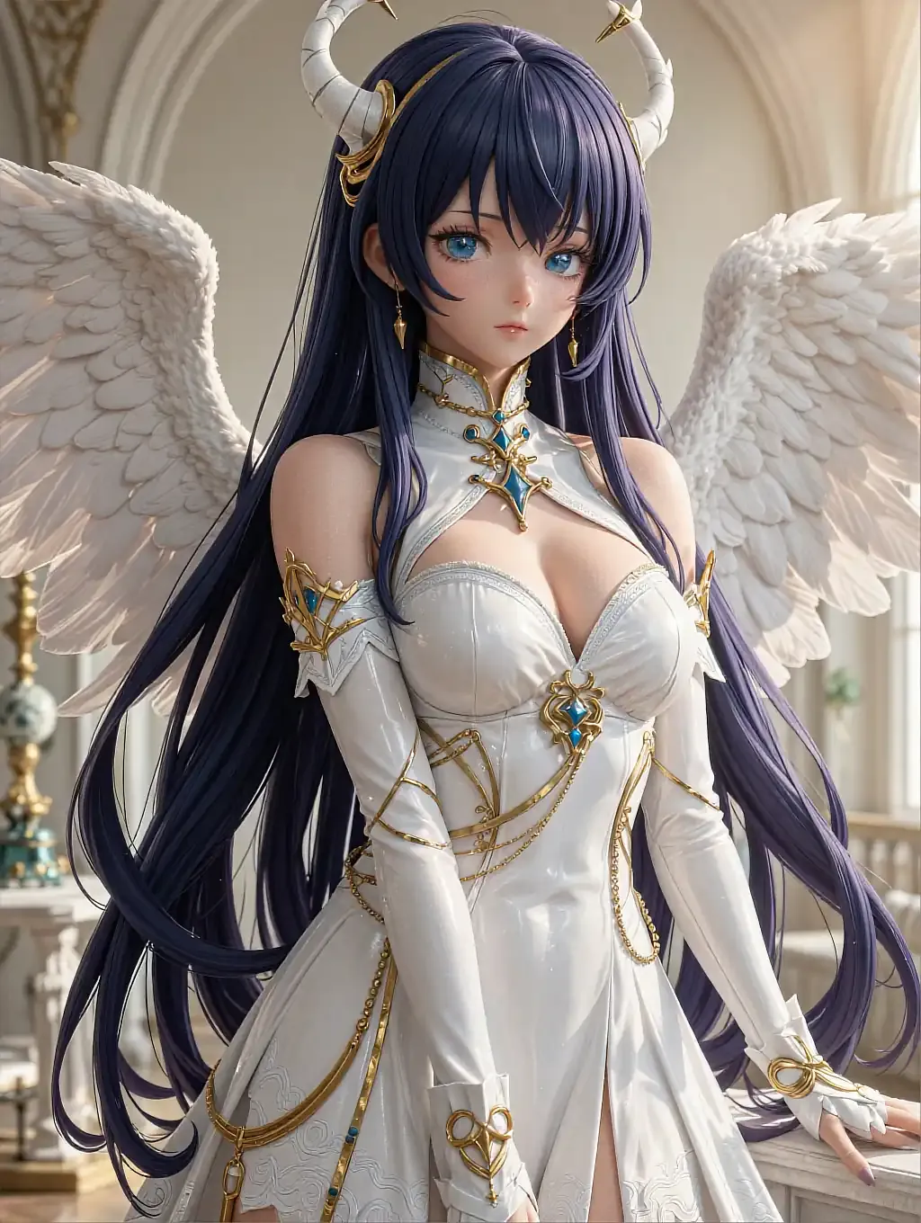 Fictional AI character featured on the second landing page, at a desk